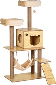 PawHut Albero per gatti design contemporaneo tiragraffi in sisal naturale piattaforme di nicchia amaca palla in truciolato beige