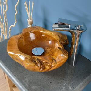 Lavabo in teak – Forma rotonda, diametro 30 cm, con foro per il rubinetto e legno lucidato