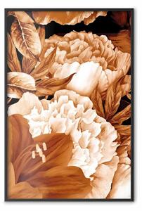 Poster: Gigli e peonie - fiori e foglie in un motivo seppia su sfondo nero