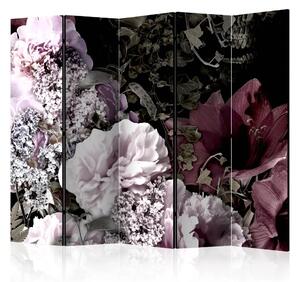 Paravento Giardino vintage II - fiori e foglie rosa su sfondo nero