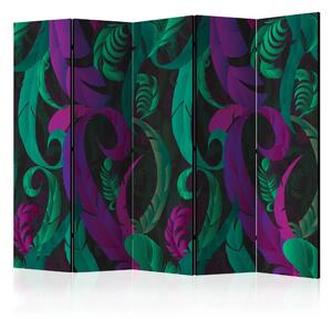Paravento design Danza delle piume II - astrazione nei colori verde e rosa