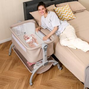 Costway Lettino affiancato con regolazione in altezza a 7 livelli per neonati, Culla co-sleeper per bambini cesto portaoggetti Beige