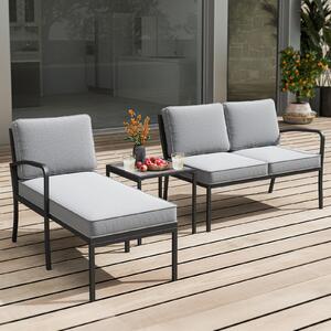 Costway Salotto da giardino a 3 posti modulare L chaise longue tavolino, Set esterno cuscini imbottiti telaio metallo terrazza Grigio