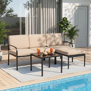 Costway Salotto da giardino a 3 posti modulare L chaise longue tavolino, Set esterno cuscini imbottiti telaio metallo terrazza Cachi
