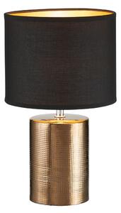 Lampada da tavolo con base in Vetroceramica color bronzo e paralume in tessuto nero interno oro, altezza 35cm