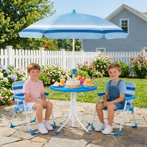 Costway Set tavolo e sedie da giardino per bambini con ombrellone regolabile in altezza, Set da esterno per bambini 4 pezzi Blu