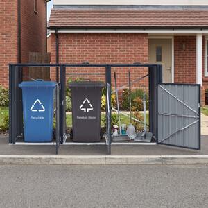 Costway Contenitore rifiuti zincato 3 scomparti porte bloccabili e coperchi apribili, Capanno attrezzi giardino 238x79,5x122 cm