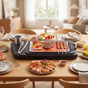 Costway Griglia elettrica da 2000w 2 in 1 barbecue elettrico con supporto piano appoggio doppia piastra e temperatura regolabile, Griglia da tavolo per interno ed esterno