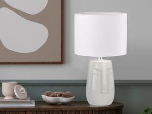 Lampada da tavolo dal design insolito base in Vetroceramica beige e paralume in lino bianco, altezza 39 cm