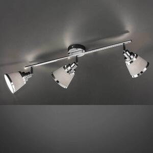 Plafoniera cromata, tessuto grigio, faretti orientabili, L 63 cm