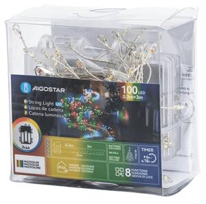Aigostar - LED Catena luminosa natalizia da esterno 100xLED/8 funzioni 3xAA 3,3m IP44 multicolore