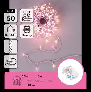 Aigostar-LED Catena luminosa natalizia per esterni 50 LED/8 funzioni 3xAA 5,3m IP44 rosa/bianco caldo