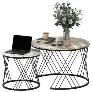 HOMCOM Set di 2 tavolini nidificati rotondi Ø 70/44,5 cm con piano effetto marmo e piedi in metallo, grigio e bianco | Aosom Italy