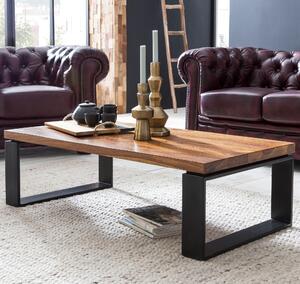 Tavolino FineBuy in legno massello di sheesham 115 cm · Tavolino da salotto rettangolare con base a pattini in metallo · Design industriale angolare