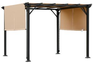Outsunny Pergola Gazebo da Giardino in Acciaio con Tende Regolabili 305x305x220cm, Marrone Chiaro|Aosom