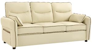 Divano 3 Posti 190x83x90 cm con Imbottitura Spessa Tasca Laterale e 2 Cuscini in Finta Pelle Beige