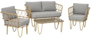 Outsunny Salotto da Giardino Rattan 4 Pezzi con Divano 2 Posti, 2 Poltrone e Tavolino con Piano in Vetro, Cuscini Sfoderabili e Lavabili, Giallo|Aosom