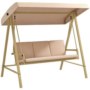 Outsunny Dondolo Giardino 3 Posti con Tettuccio Inclinabile e Cuscini, Dondolo da Esterno in Acciaio e Textilene, Beige e Marrone | Aosom Italy