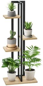 Outsunny Portapiante a 4 Ripiani dallo Stile Industriale in Legno di Abete e Metallo, 45x25x110 cm, Nero e color Legno