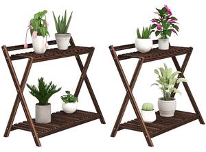 Outsunny Set 2 Portapiante a 2 Livelli con Design a Doghe in Legno di Abete, 73x36x64 cm, Marrone Bruciato