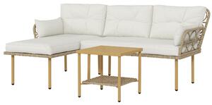 Set 3 Pezzi da Giardino con Chaise Longue Divanetto Cuscini e Tavolino in Rattan e Acciaio Bianco Crema e Legno