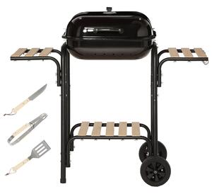 Outsunny Barbecue a Carbone con Coperchio, Ripiani e Ruote, Completo di Spatola, Pinza e Coltello, Nero