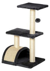 PawHut Albero per Gatti a 3 Livelli con Tappetino Tiragraffi ad Arco, in Legno, Peluche e Sisal, 40x35x72 cm, Grigio