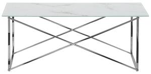Tavolino Rettangolare Effetto Marmo Piano Bianco Gambe Argento Piano Vetro Temperato Base Acciaio Inox 100 x 50 cm Glam Minimalista Beliani