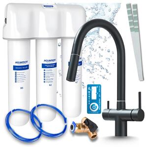 Miscelatore da cucina Ari a 3 vie, modello Slender, nero opaco, con doccetta estraibile. Il set include anche un sistema di filtraggio dell'acqua Aquaphor e un sistema di installazione sottotavola
