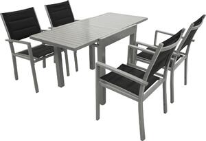 TPFGarden SET DA GIARDINO Ashford - Set da pranzo da giardino a 5 pezzi (4 poltrone in alluminio grigio argento + imbottitura in tessuto nero, 1 tavolo allungabile da balcone 70/140 x 70 cm, in alluminio grigio argento)