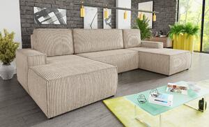 Salotto con funzione letto Totti - Divano a U, divano letto con contenitore, divano letto, divano grande, tessuto in velluto a coste, soggiorno (beige (Poso 100))