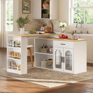 Isola da cucina con piano girevole a 360°, dimensioni 136x50x78 cm, dotata di cassetto, ripiani e ante in vetro, colore bianco, adatta per cucina e sala da pranzo