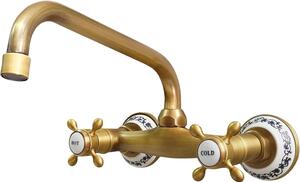 Miscelatore da cucina da parete, in ottone anticato, con due manopole, bocca di uscita da 25 cm, adatto per cucina e bagno