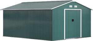 Casetta da giardino Outsunny da 12,4 m² con tetto a due falde, porta scorrevole, fondamenta verdi
