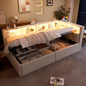 Divano letto 90 x 200 cm con spazio contenitore a sistema idraulico, illuminazione LED controllabile tramite app, porte USB e di tipo C, scomparti portaoggetti, struttura in MDF rivestita in lino, colore beige
