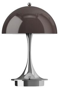 Lampada da tavolo Louis Poulsen Panthella 160 portatile, finitura cromata, paralume in vetro opaco marrone