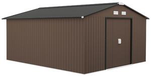 Casetta da giardino Outsunny da 12,4 m² con tetto a due falde, porta scorrevole e fondamenta, colore marrone