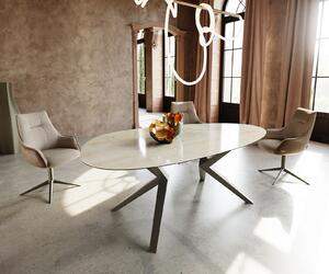 DELIFE Tavolo da pranzo Edge ovale, 220x120 cm, piano in Vetroceramica Iris FMG, finitura Onice Oro, gambe Zenthara, design geometrico, metallo con effetto titanio