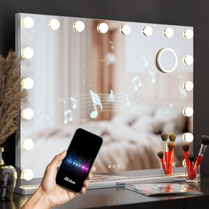 Specchio da trucco Mirlux Hollywood con illuminazione a LED - Altoparlante Bluetooth - Zoom 10x - Bianco - 80x60 cm