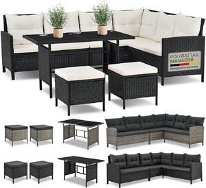 Juskys Polyrattan Lounge Manacor - Divano, tavolo, sgabello e cuscini - Nero e crema