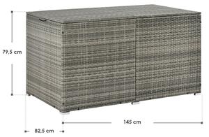 Contenitore in polyrattan Ikaria 200202, contenitore da giardino, 950 l, con coperchio e telo interno, per cuscini, grigio, 145 x 82,5 x 79,5 cm