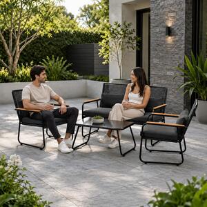 Set da giardino GARMIO® in polyrattan, 4 pezzi, resistente alle intemperie, per balcone, con panca e sedie, tavolo in vetro incluso, set da giardino per esterni, salottino da giardino per 4 persone
