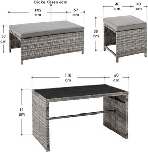 Juskys 2in1 set di mobili da giardino relax in polyrattan Jamaika - tavolo, divano lounge da giardino - gruppo di sedute per balcone, giardino - lounge da esterno grigio-mattato
