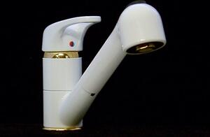 Miscelatore monocomando da lavello con doccetta estraibile, colore bianco-oro. Bassa pressione