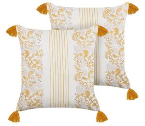 Set di 2 cuscini decorativi gialli e bianchi 45 x 45 cm stampa a mano rivestimenti sfoderabili cerniera motivo floreale Beliani