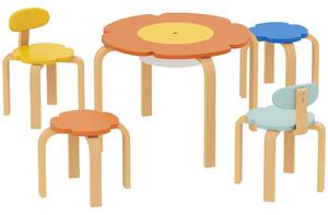 AIYAPLAY Set tavolo e sedie per bambini da 5 pezzi, con tasca portaoggetti, forma a fiore, in legno, Multicolore | Aosom Italy