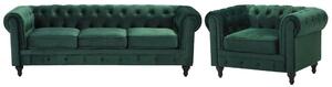 Set da soggiorno Chesterfield rivestimento in tessuto di velluto verde gambe in legno scuro divano a 3 posti + poltrona contemporanea Beliani