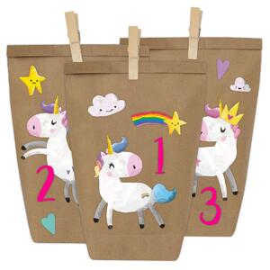 Calendario dell'Avvento fai-da-te per Natale e l'Avvento, da riempire - 24 sacchetti di carta - Motivo: unicorno