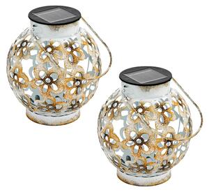 Set di 2 luci a sospensione solari a LED, timbri decorativi, bianco-giallo, H 14 cm