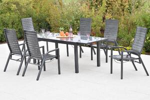Set di mobili da giardino Merxx Siros, 7 pezzi, 6 poltrone regolabili tramite molla a gas, tavolo allungabile 150 (210) x 90 cm - Alluminio